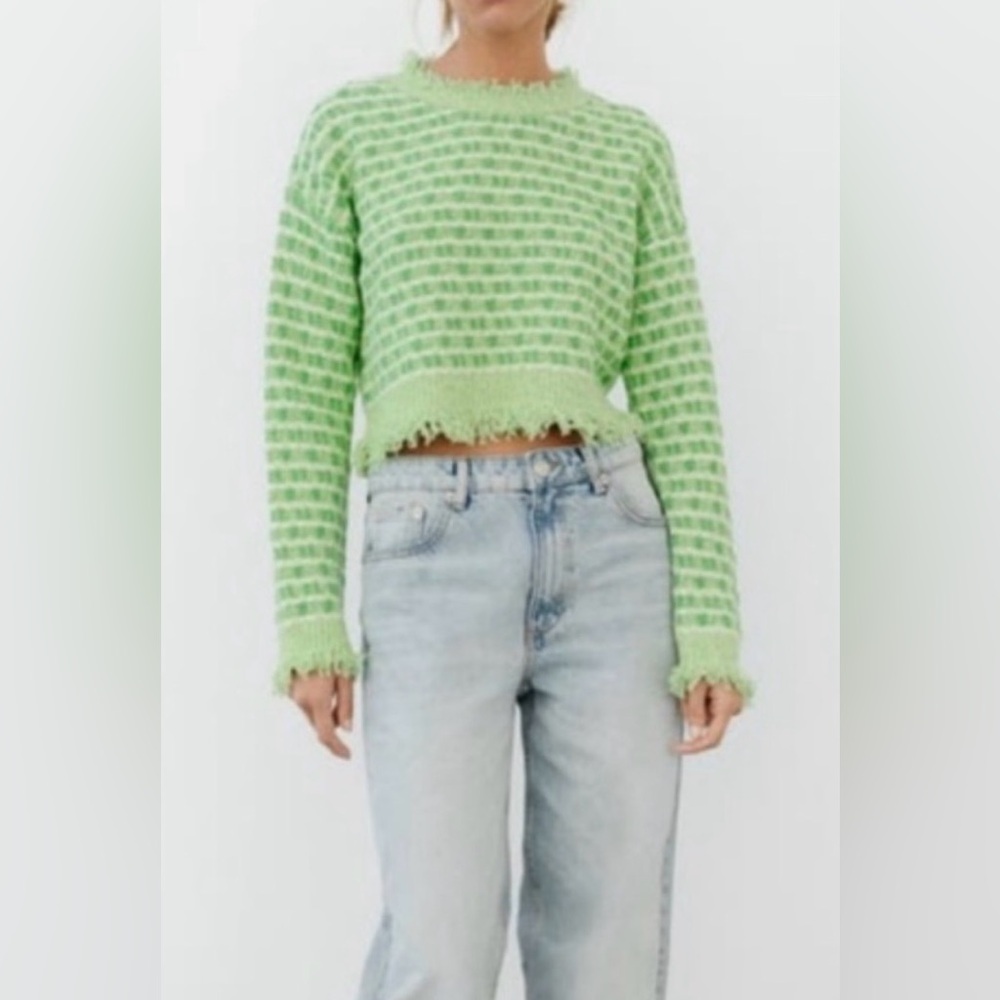 Zara Green Frayed Knit Tweed Sweater - Picture 4 of 6
